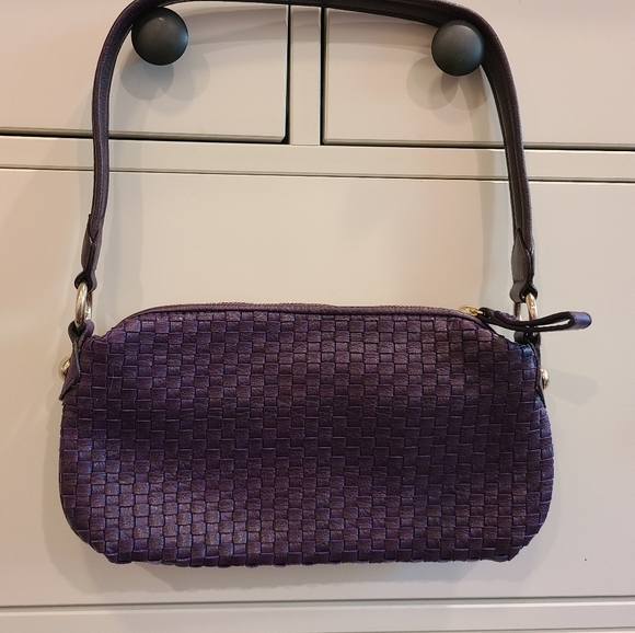 Elliott Lucca Dark Plum Purple and Gold Woven Leather Small Shoulder Bag Purse - Picture 2 of 7